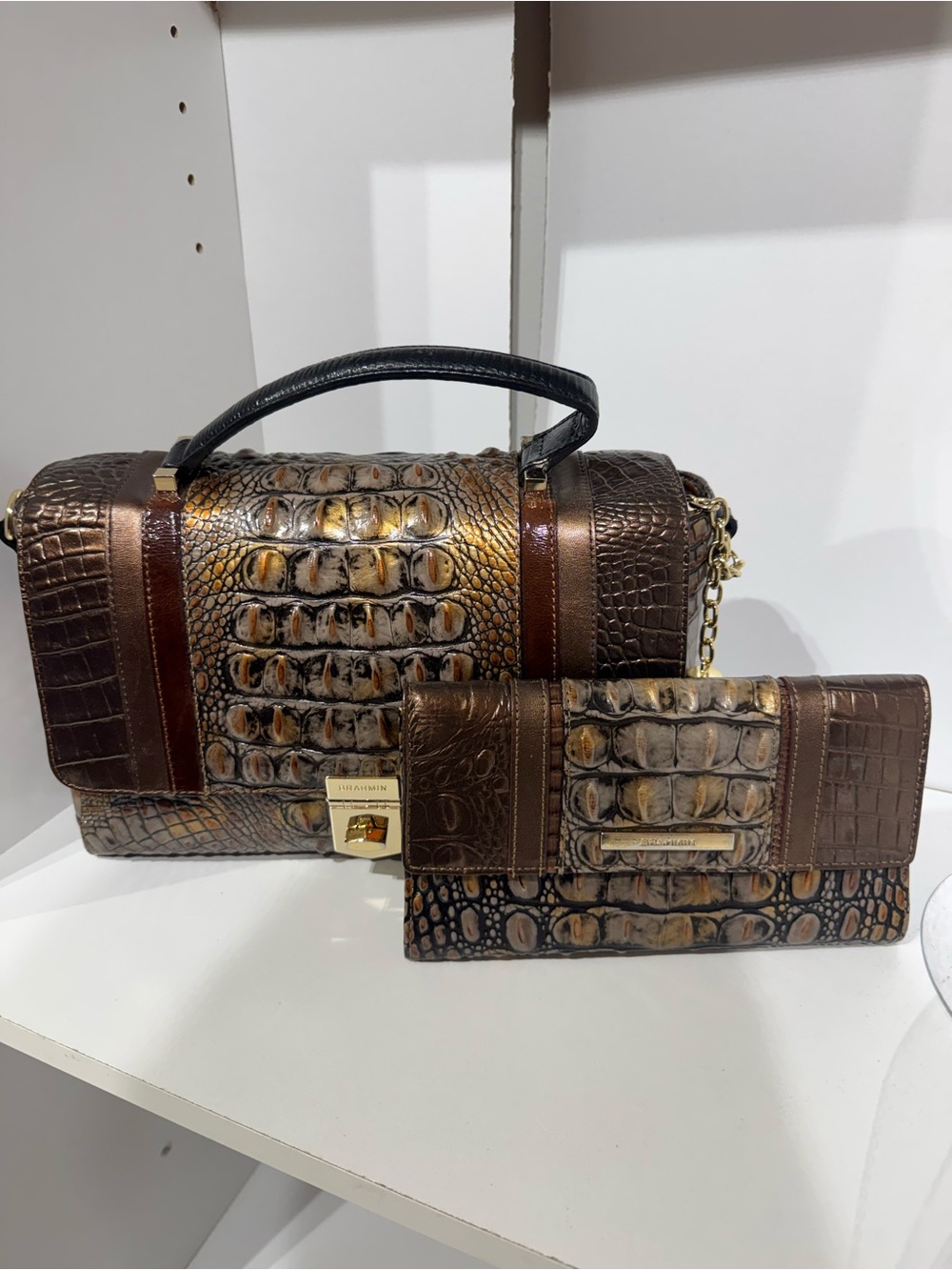 Brahmin Brown  Leather Shoulder Bag with Matching Wallet in fall tortoise